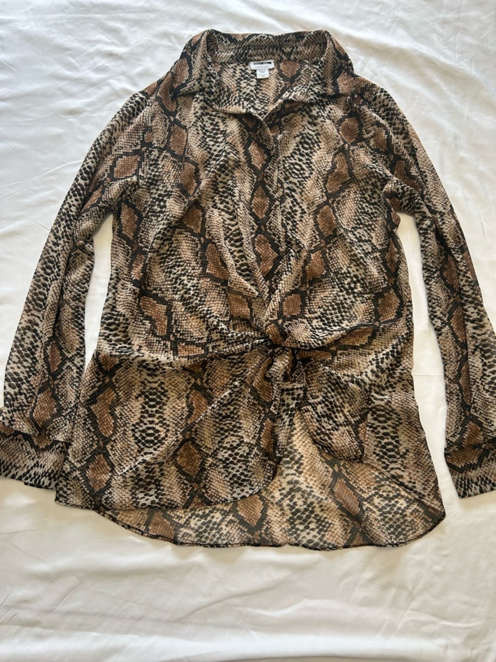 Noisy May, Sheer Brown & Black Snake Print Blouse with Tie Front